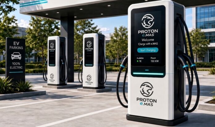 Proton e.MAS branding at EV charging station